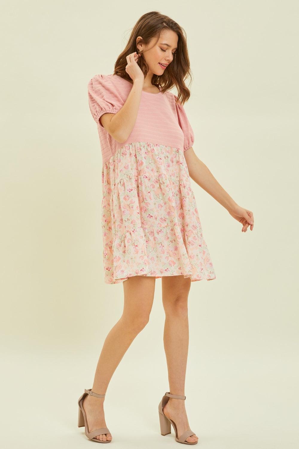 HEYSON Full Size Round Neck Floral Ruffle Hem Mini Dress Carauana Store