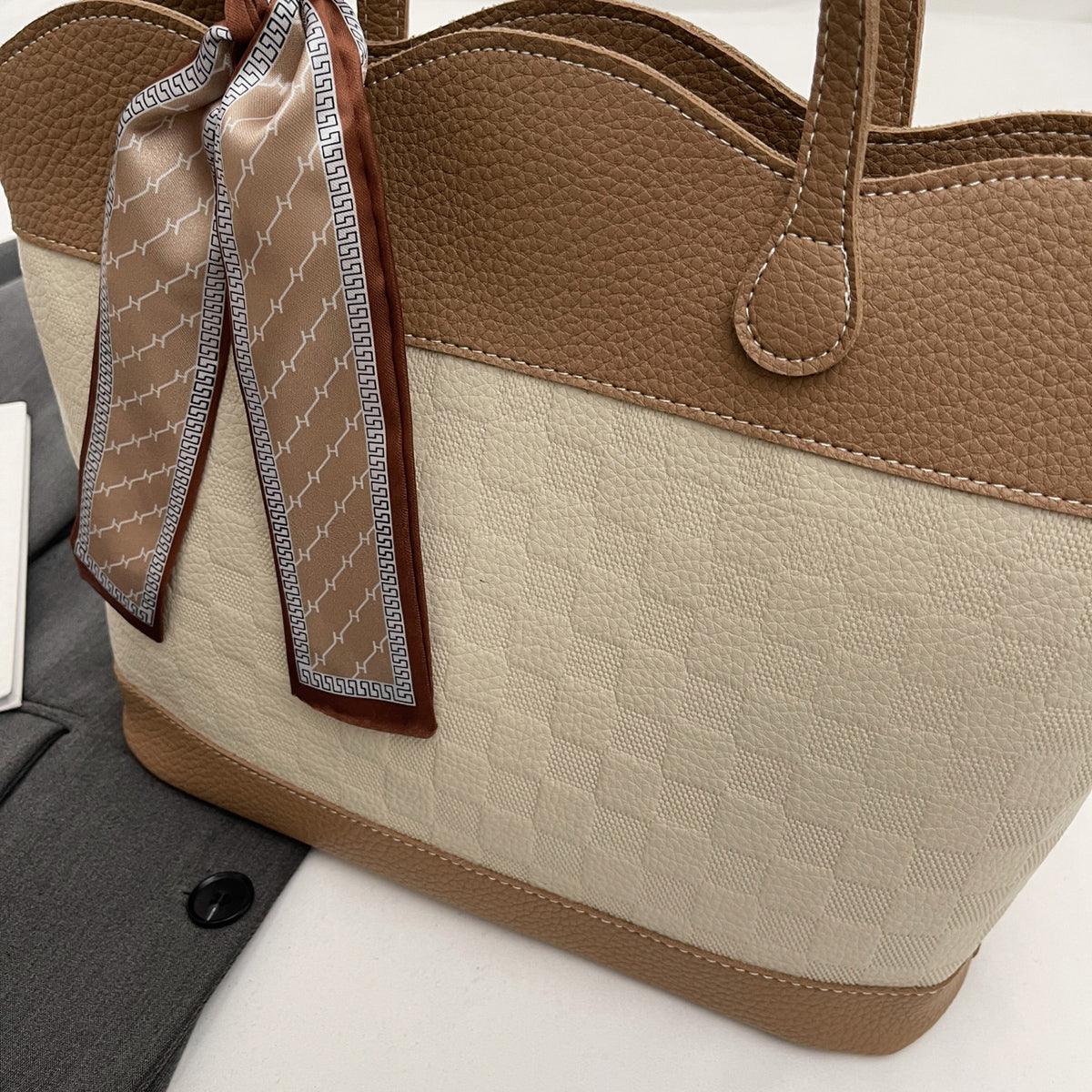 PU Leather Tied Contrast Tote Bag Carauana Store