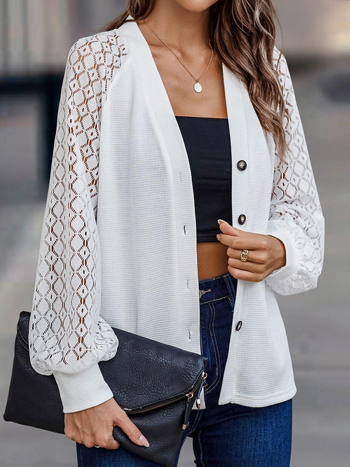 Shiny Lantern Sleeve V-Neck Button-Down Cardigan Carauana Store