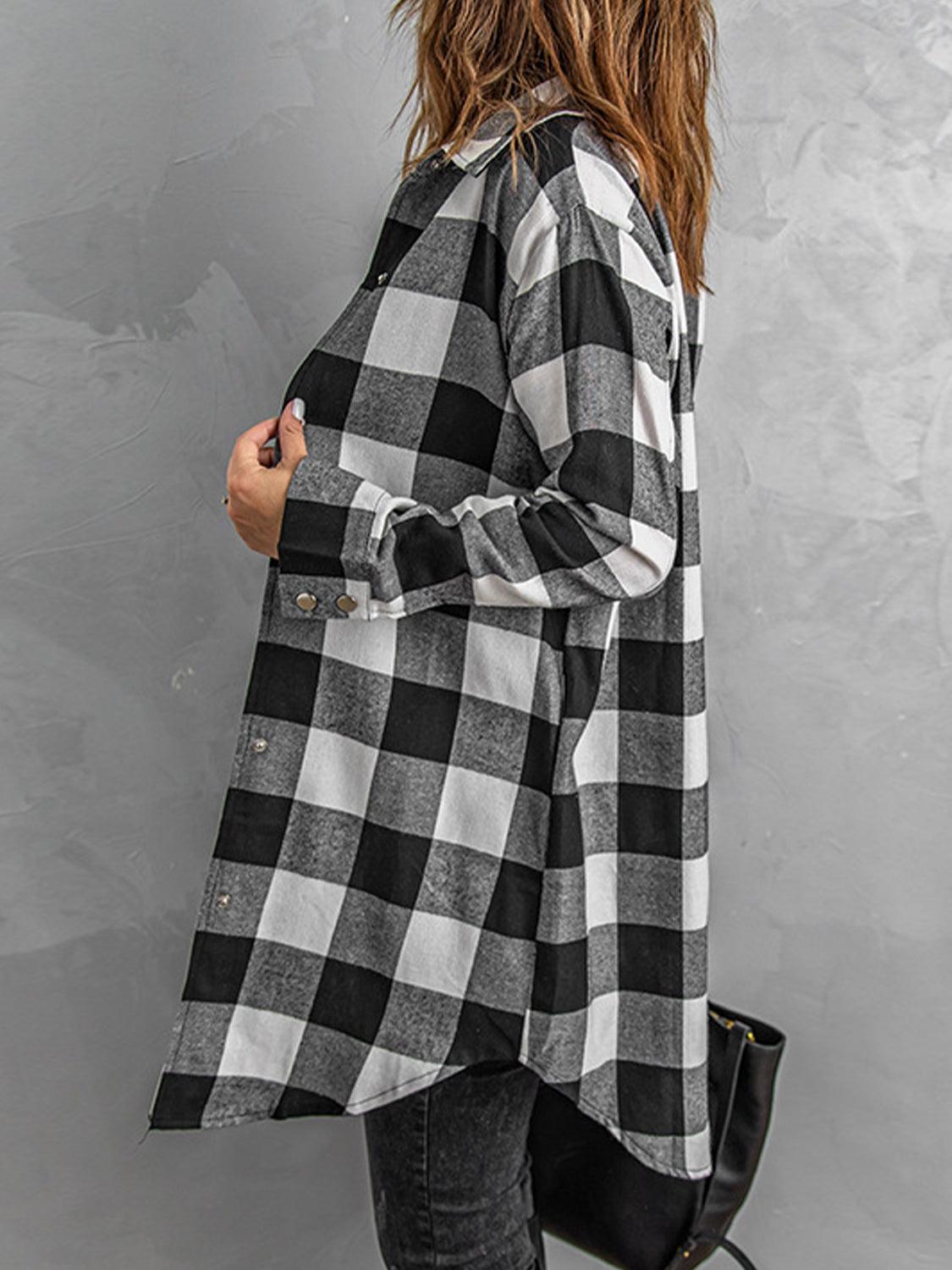 Plaid Snap Down Long Sleeve Jacket Carauana Store