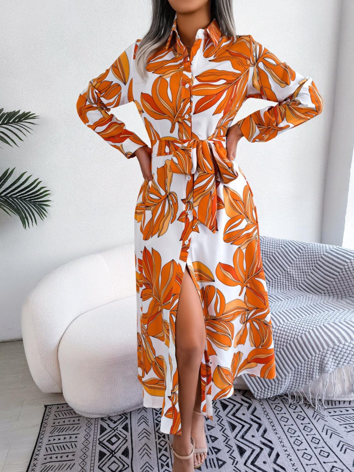 Tied Button Up Long Sleeve Dress Carauana Store