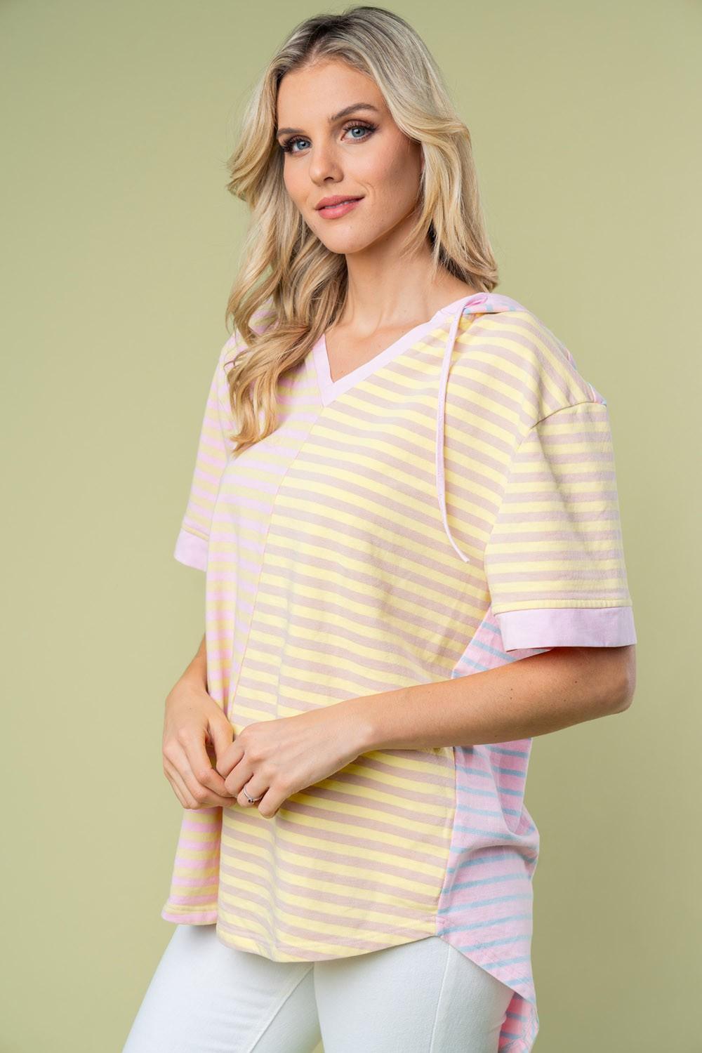 White Birch Full Size Striped Short Sleeve Drawstring Hooded Top Carauana Store