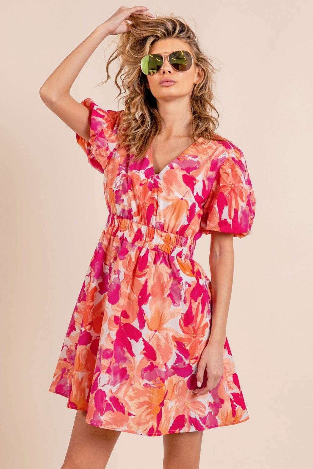 BiBi Floral V-Neck Puff Sleeve Mini Dress Carauana Store