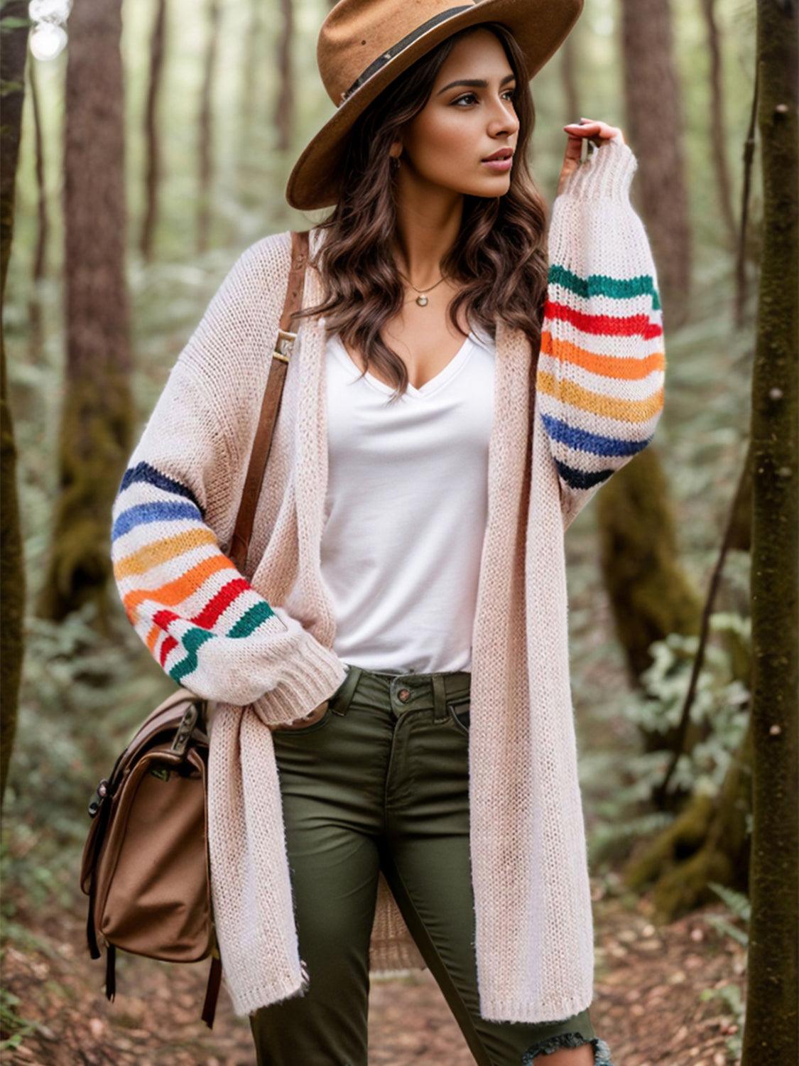 Striped Open Front Long Sleeve Cardigan Carauana Store