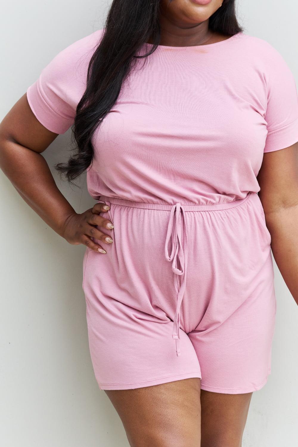 Zenana Chilled Out Full Size Short Sleeve Romper in Light Carnation Pink Carauana Store