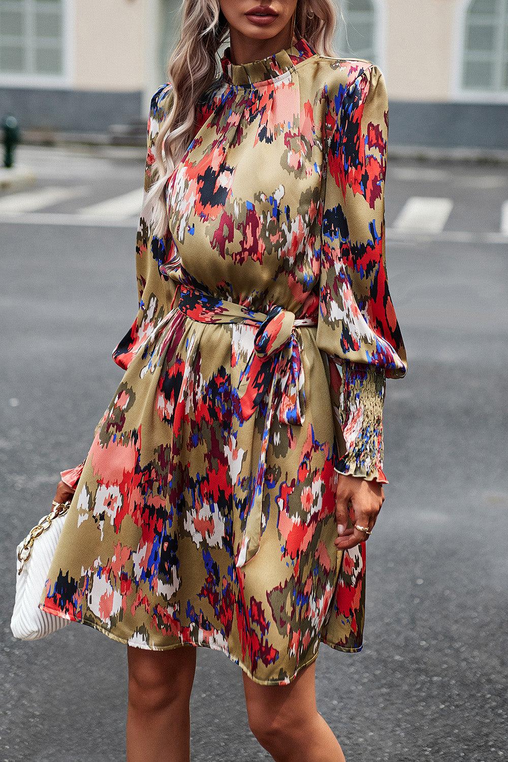 Printed Tie Waist Mock Neck Lantern Sleeve Dress Carauana Store