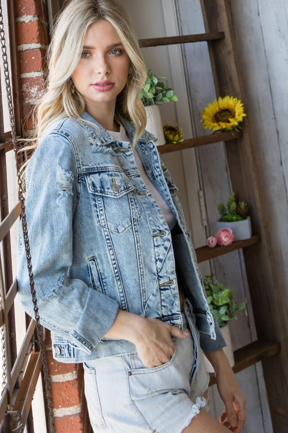 Veveret Distressed Button Up Denim Jacket Carauana Store
