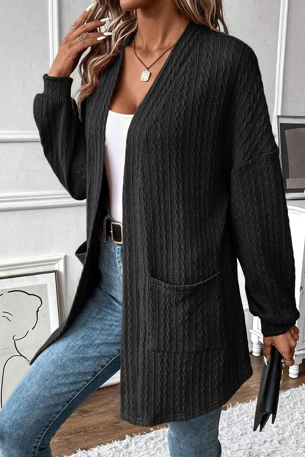 Textured Pocketed Open Front Long Sleeve Cover Up Carauana Store