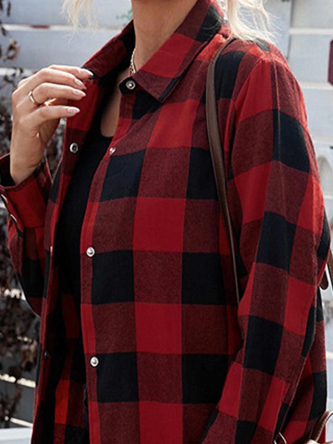Plaid Snap Down Long Sleeve Jacket Carauana Store