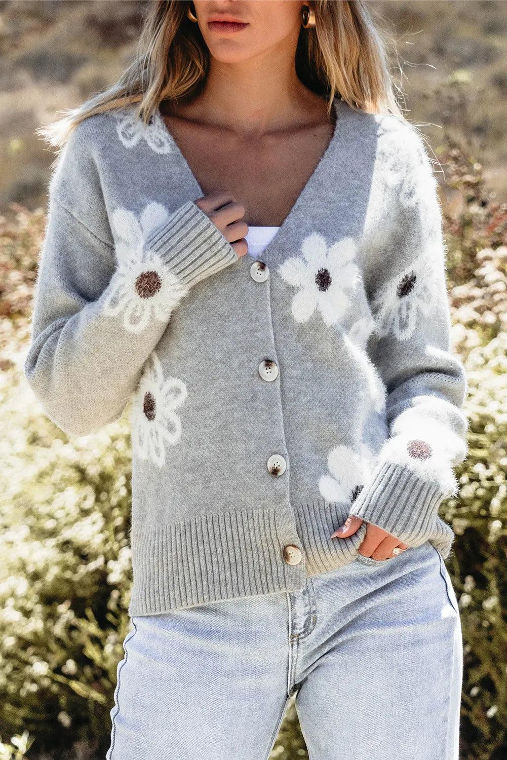 Flower Button Up Long Sleeve Cardigan Carauana Store