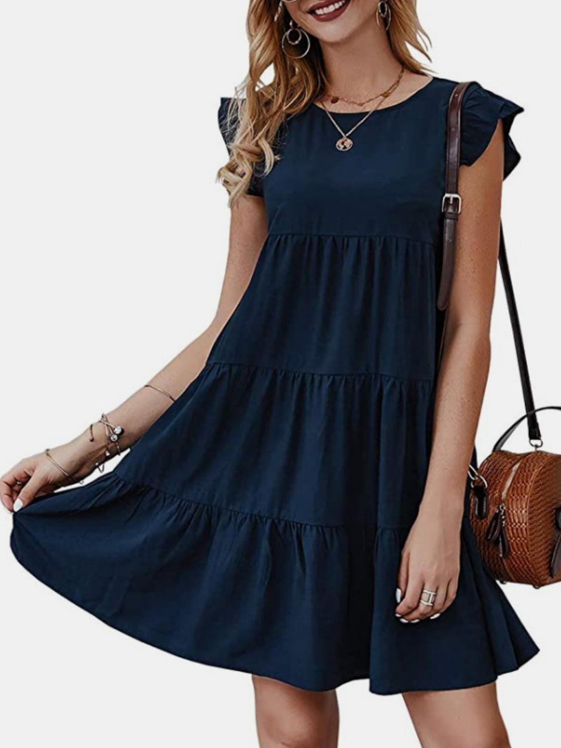 Ruffled Round Neck Cap Sleeve Mini Dress Carauana Store
