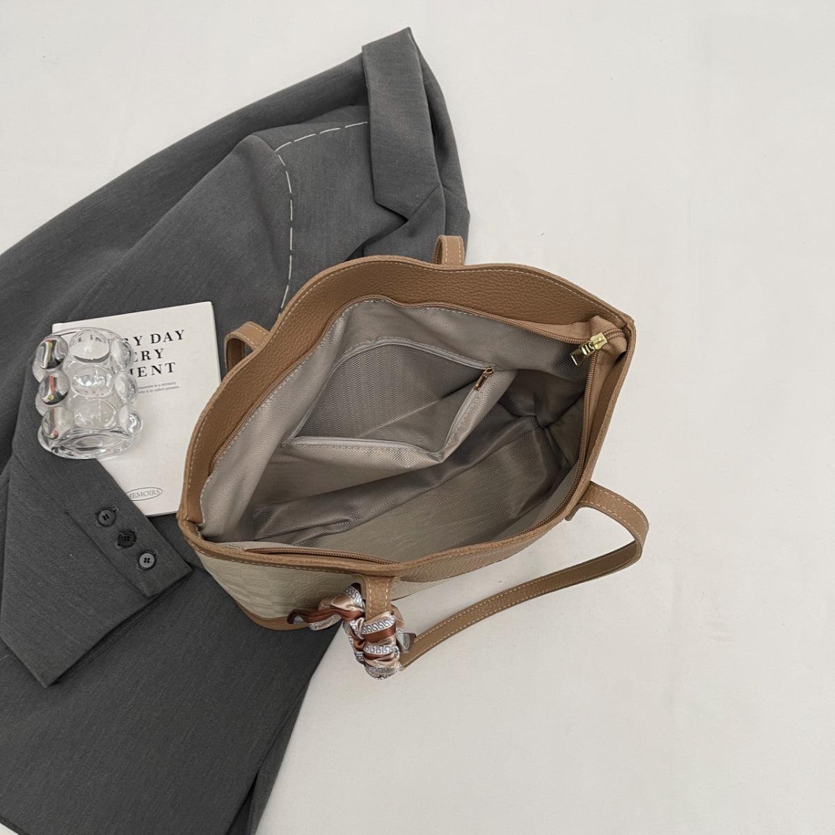 PU Leather Tied Contrast Tote Bag Carauana Store
