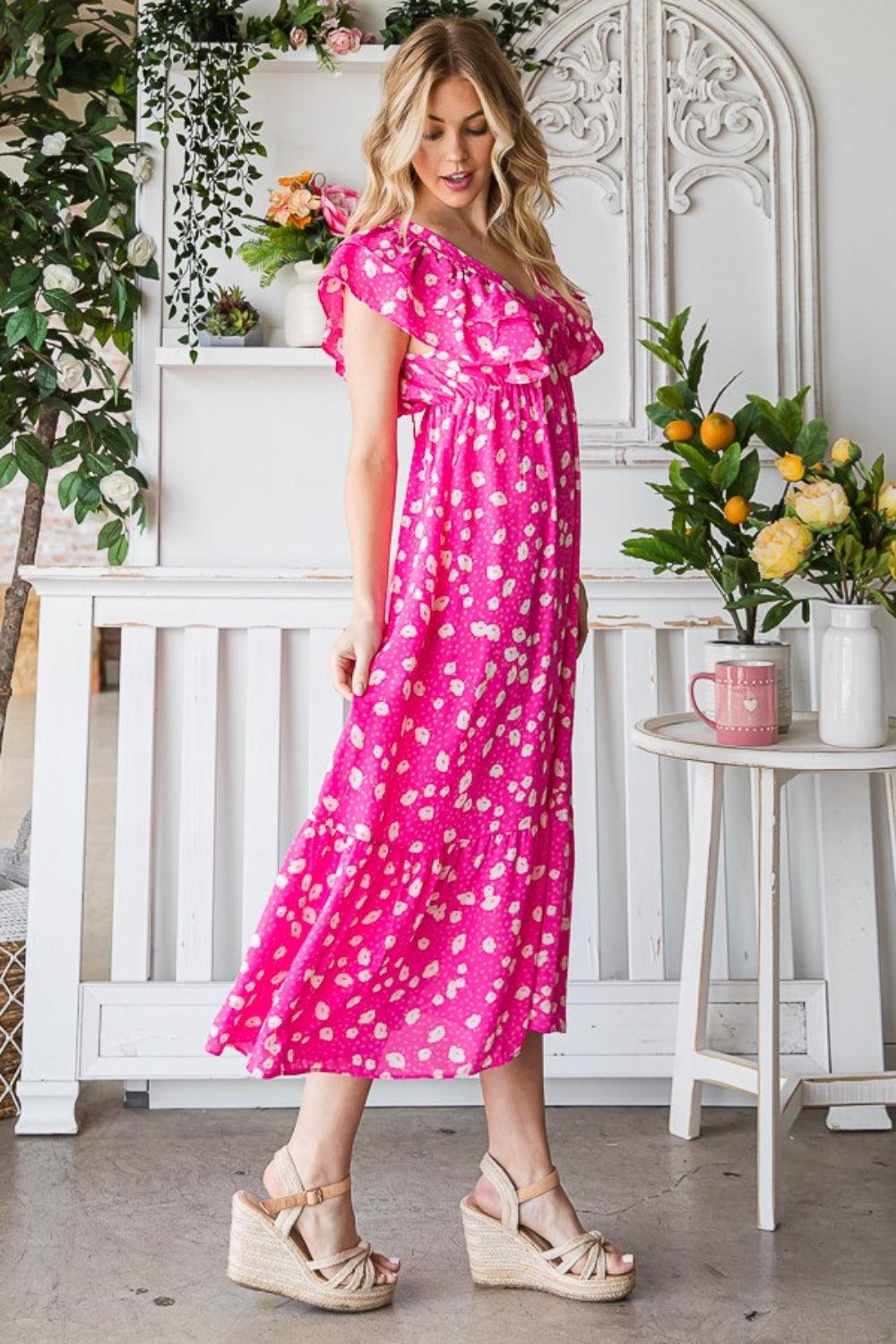 Reborn J Printed V-Neck Ruffle Trim Tiered Midi Dress Carauana Store