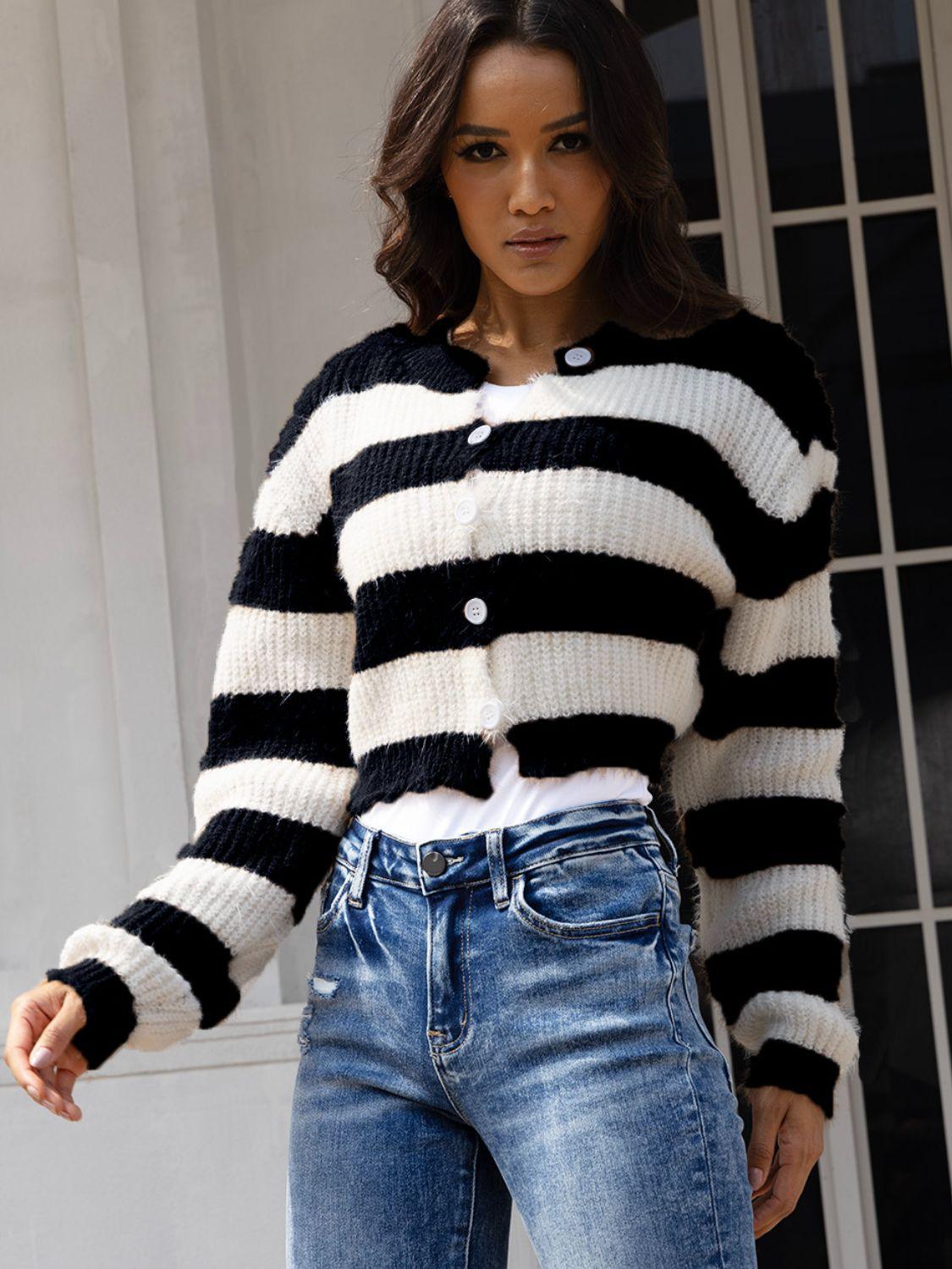 Striped Button Up Dropped Shoulder Cardigan Carauana Store