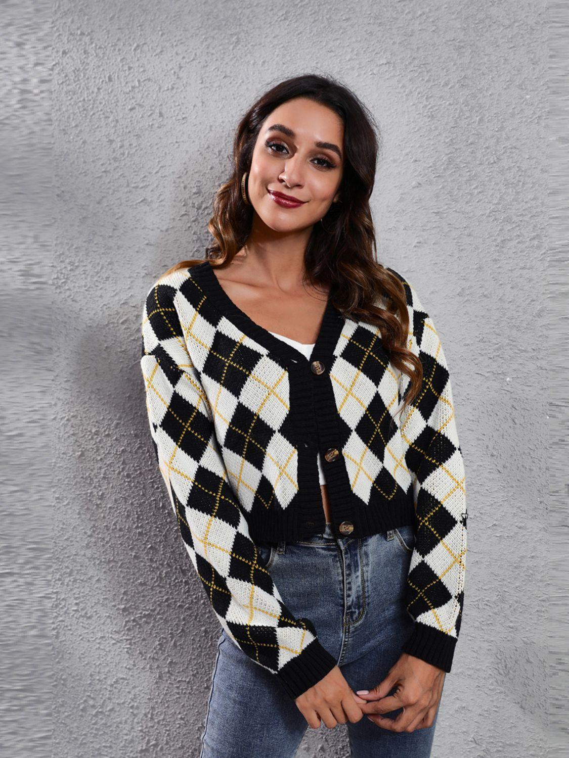 Geometric Button Up Long Sleeve Cardigan Carauana Store