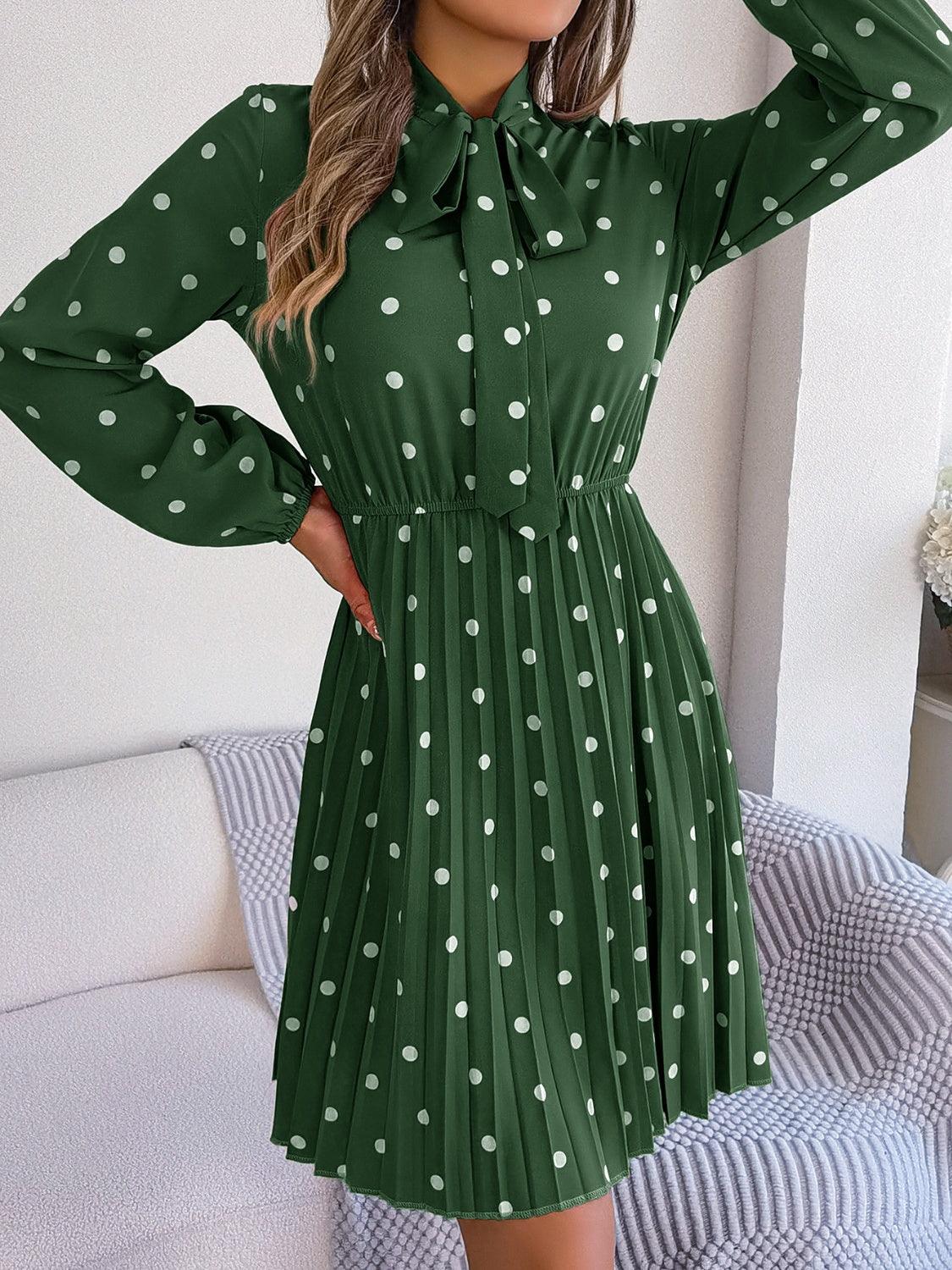 Polka Dot Tie Neck Pleated Dress Carauana Store