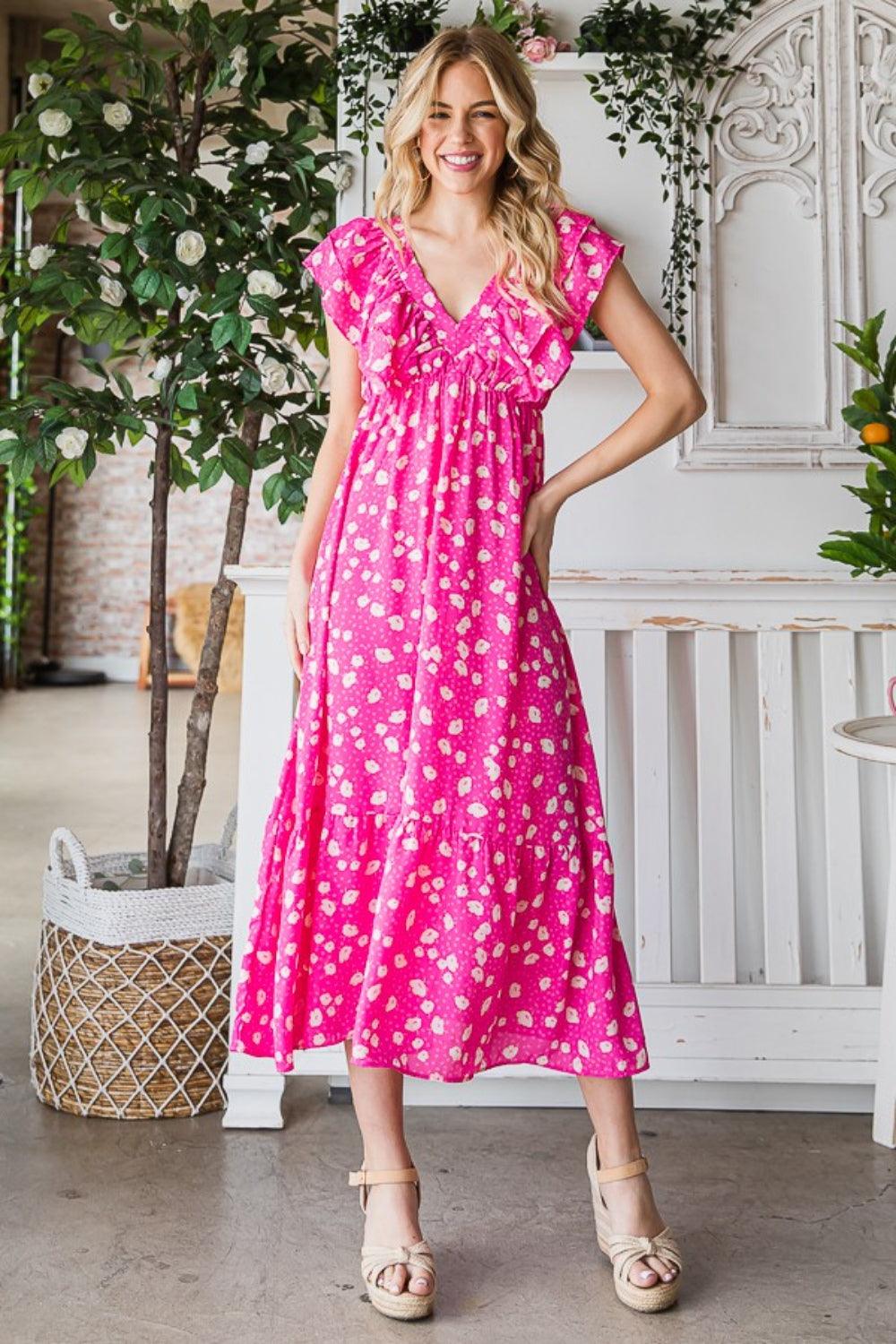 Reborn J Printed V-Neck Ruffle Trim Tiered Midi Dress Carauana Store