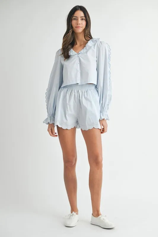 MABLE Long Sleeve Scallop Blouse and Shorts Set Carauana Store