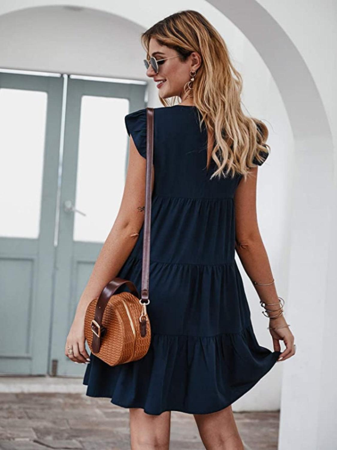 Ruffled Round Neck Cap Sleeve Mini Dress Carauana Store