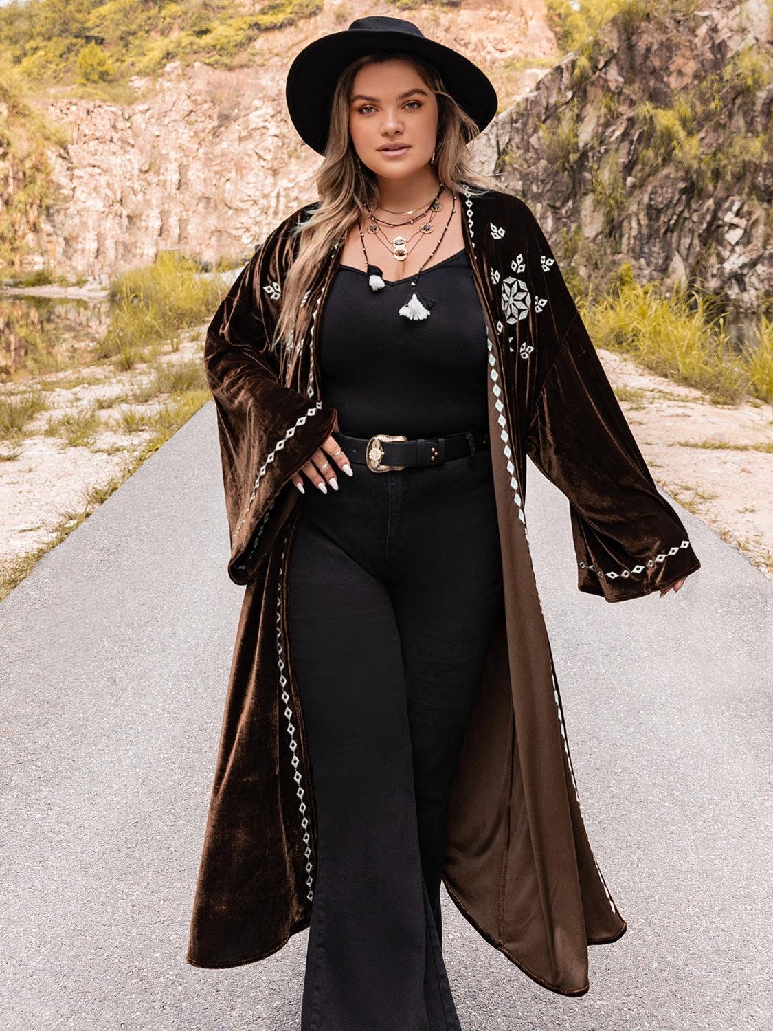 Plus Size Embroidery Open Front Long Sleeve Cardigan Carauana Store