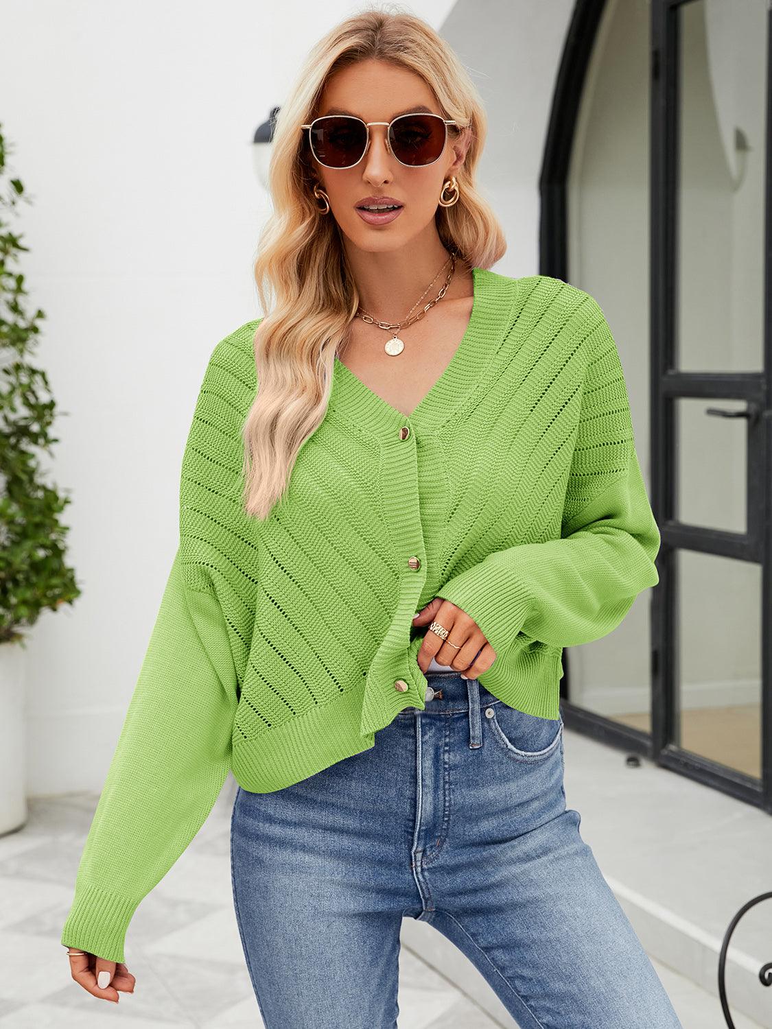 Eyelet Button Front Long Sleeve Cardigan Carauana Store