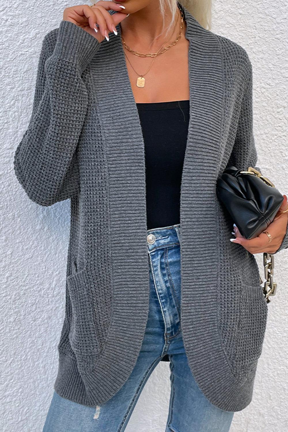 Open Front Rib-Knit Cardigan with Pockets Carauana Store