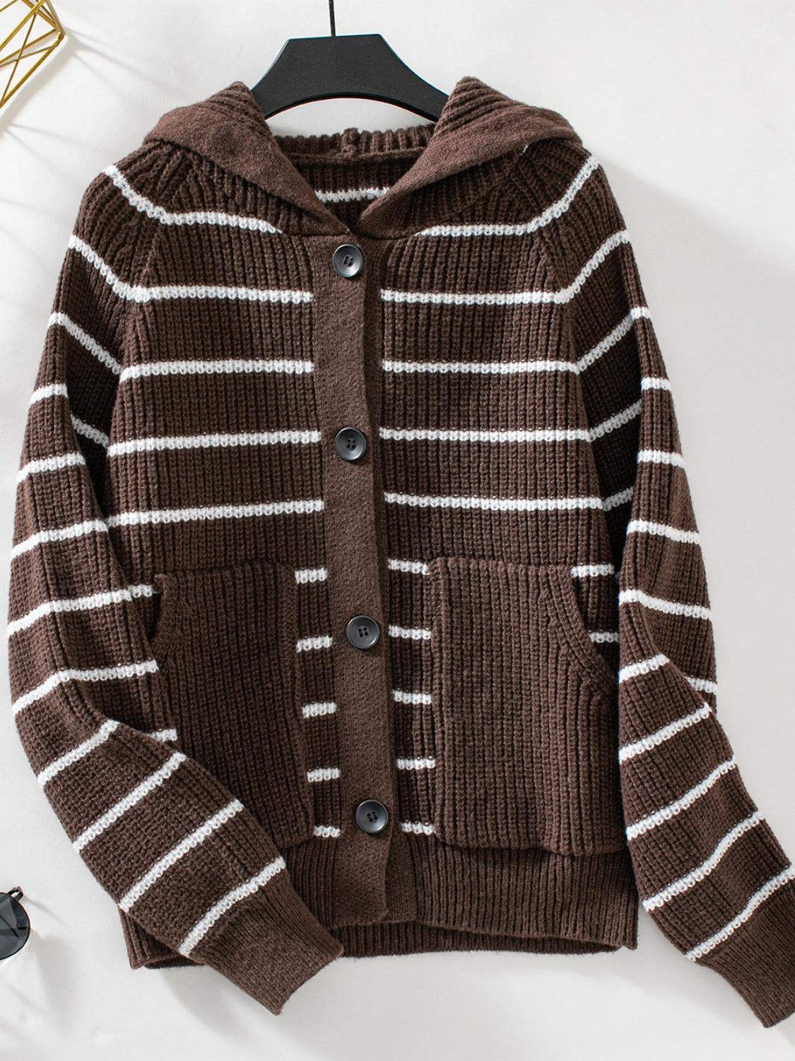 Striped Button Up Long Sleeve Hooded Cardigan Carauana Store