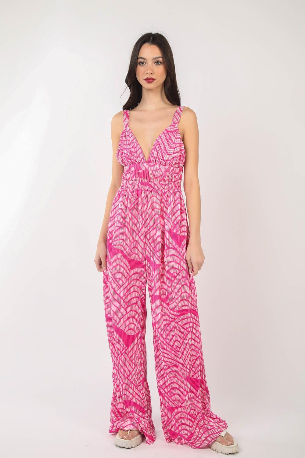 VERY J Printed Pleated Sleeveless Wide Leg Jumpsuit Carauana Store