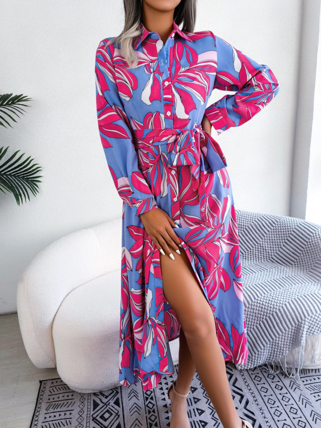Tied Button Up Long Sleeve Dress Carauana Store