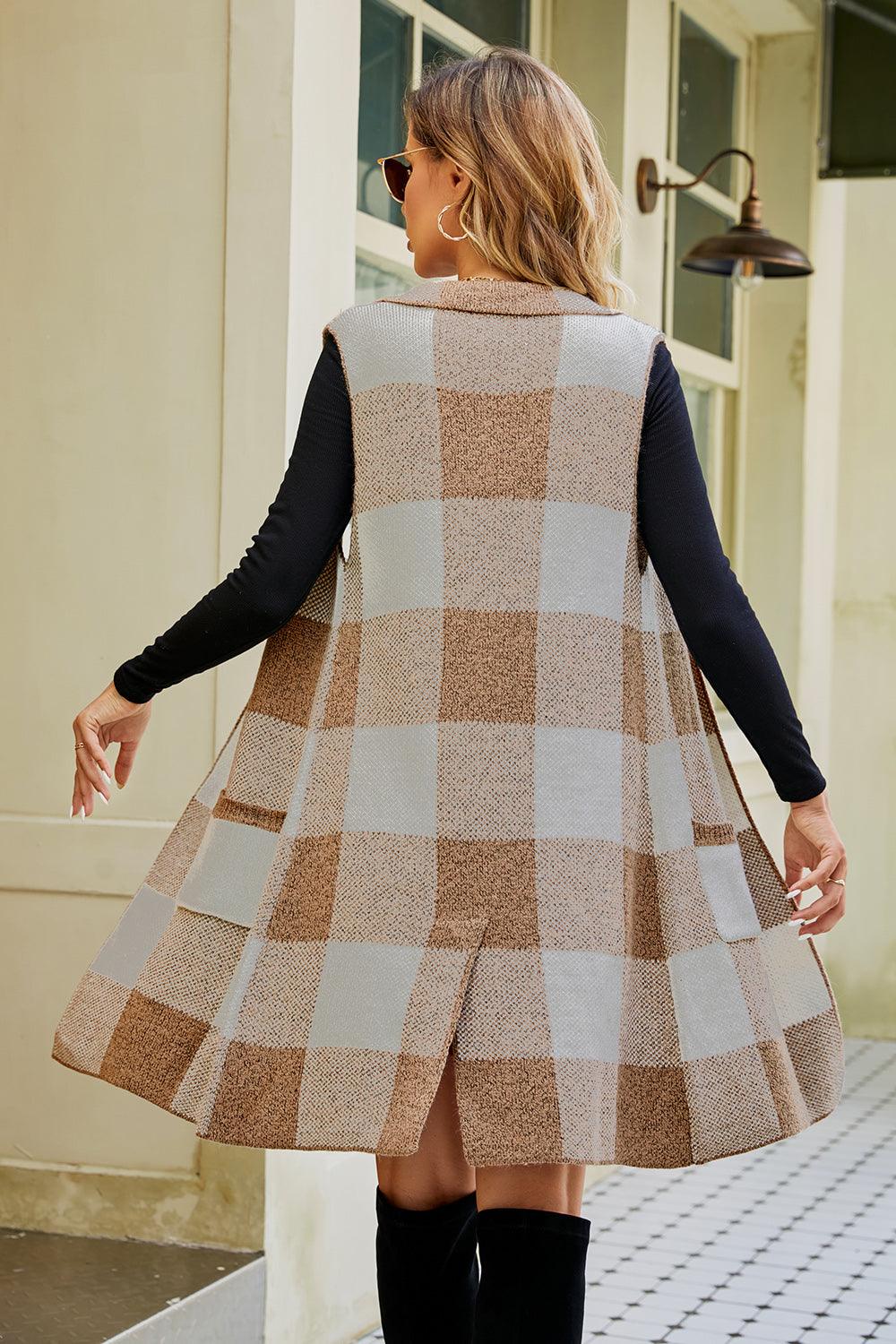 Plaid Open Front Sleeveless Cardigan with Pockets Carauana Store