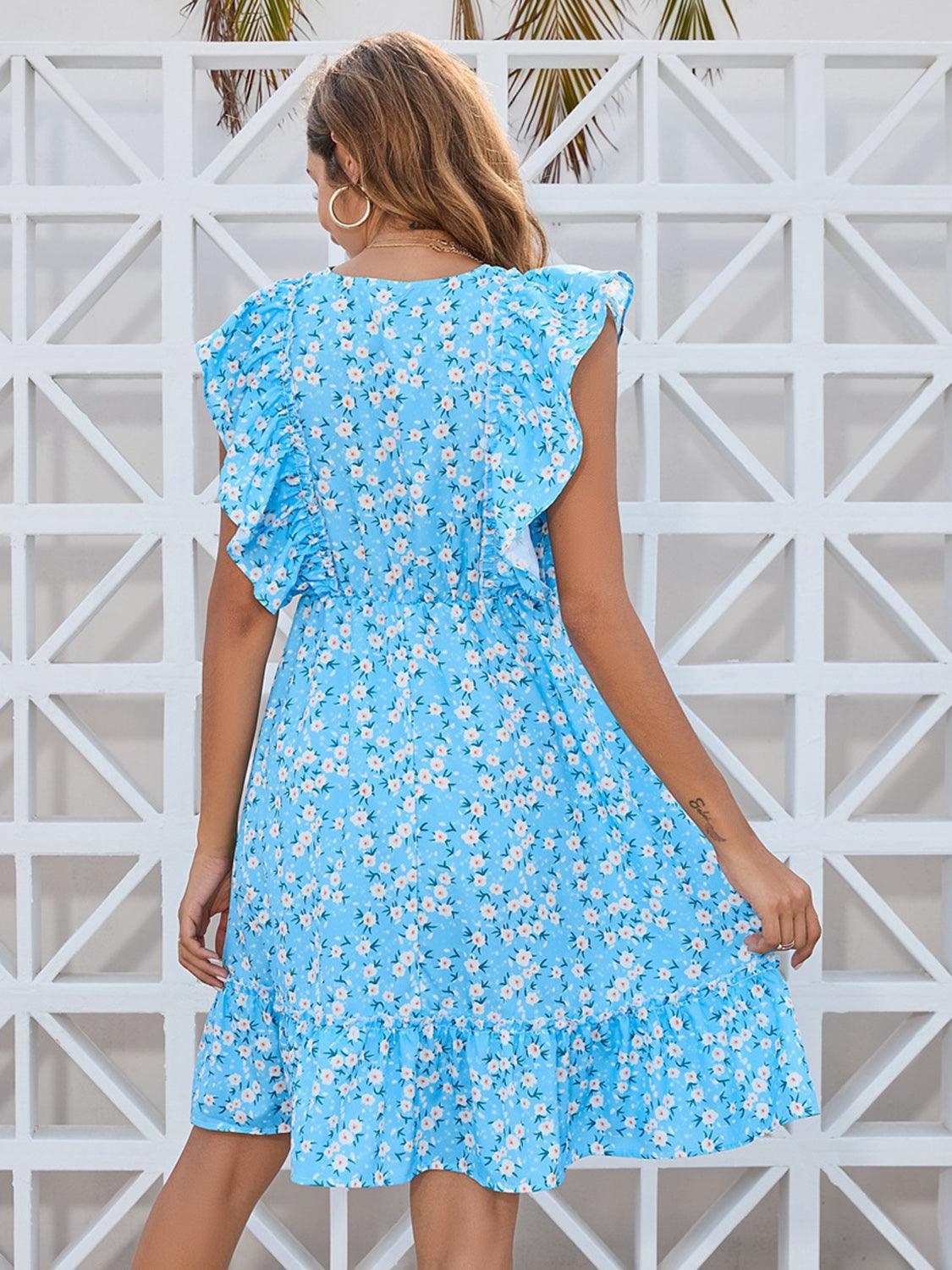 Ruffled Ditsy Floral Surplice Mini Dress Carauana Store