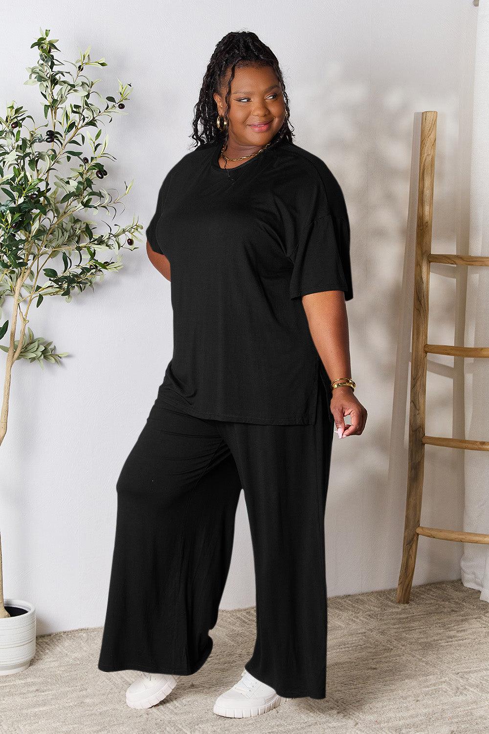 Double Take Full Size Round Neck Slit Top and Pants Set Carauana Store