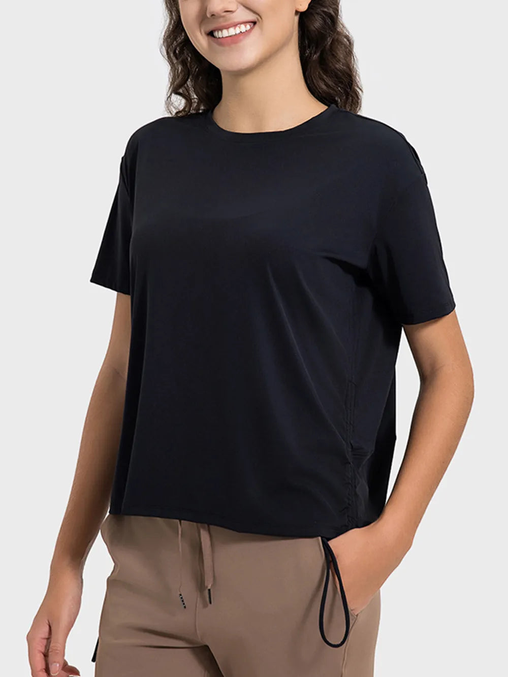 Millennia Drawstring Round Neck Short Sleeve Active T-Shirt Carauana Store