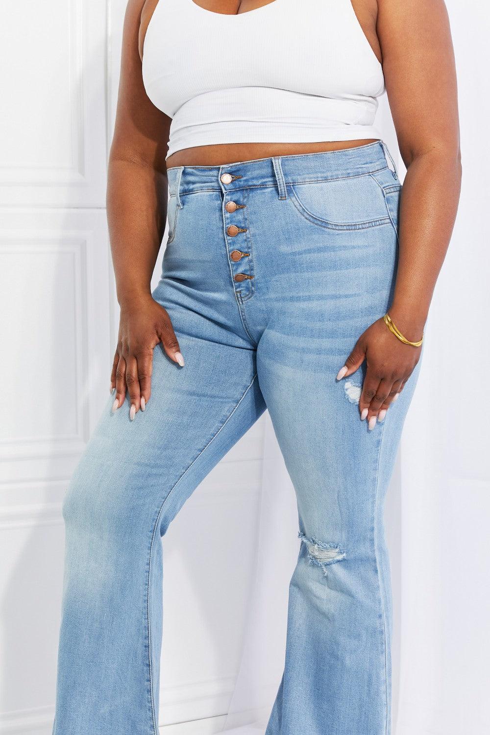 Vibrant MIU Full Size Jess Button Flare Jeans Carauana Store