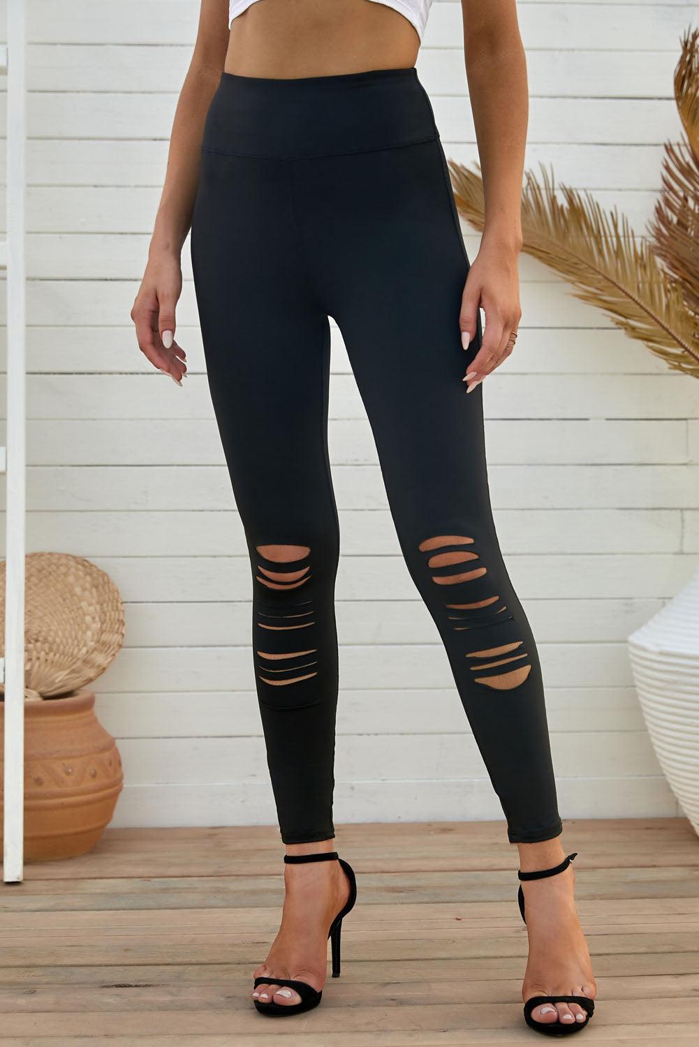 Double Take Wide Waistband Distressed Slim Fit Leggings Carauana Store