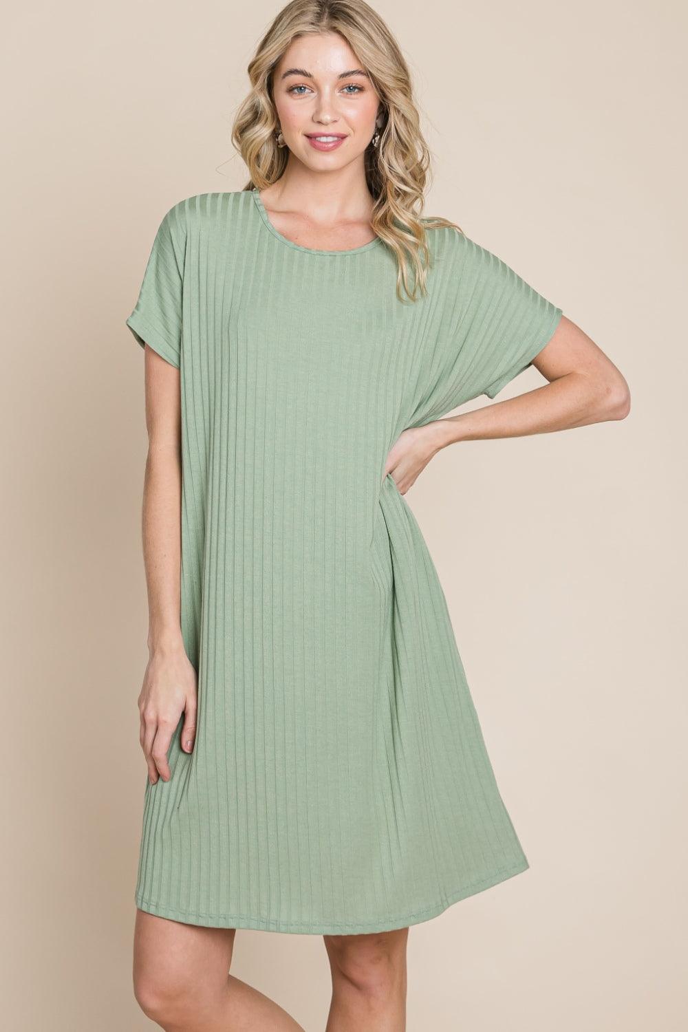 BOMBOM Ribbed Round Neck Short Sleeve Dress Carauana Store