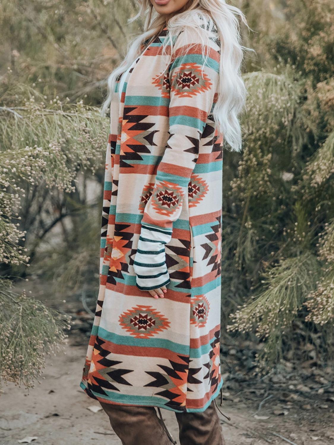Geometric Open Front Long Sleeve Cardigan Carauana Store