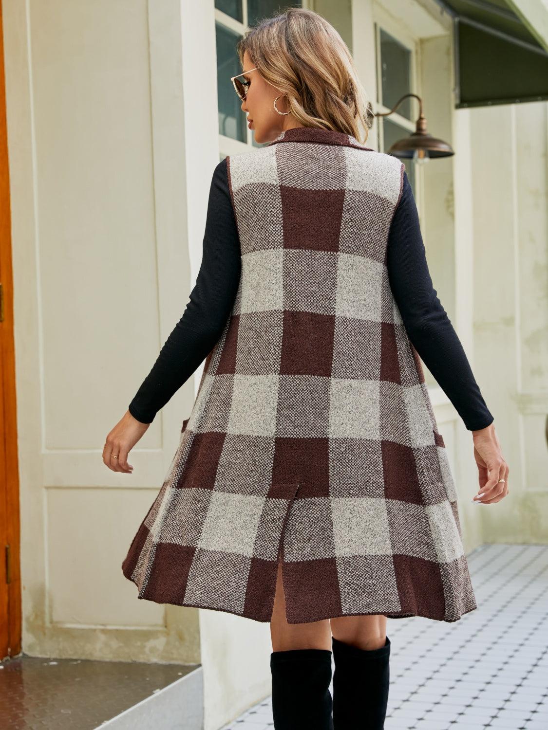 Plaid Lapel Collar Sleeveless Cardigan Carauana Store