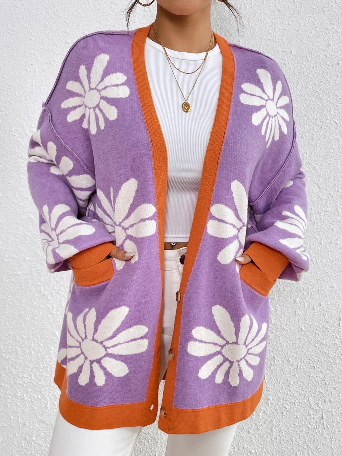 Contrast Dropped Shoulder Long Sleeve Cardigan Carauana Store