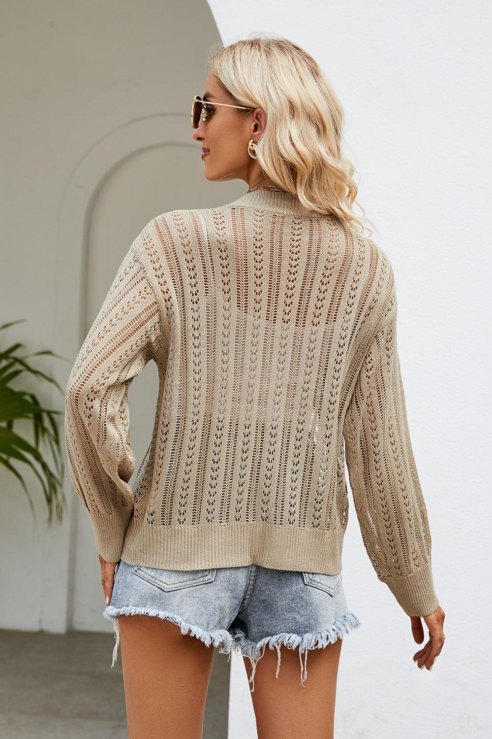 Openwork Button Front V-Neck Cardigan Carauana Store