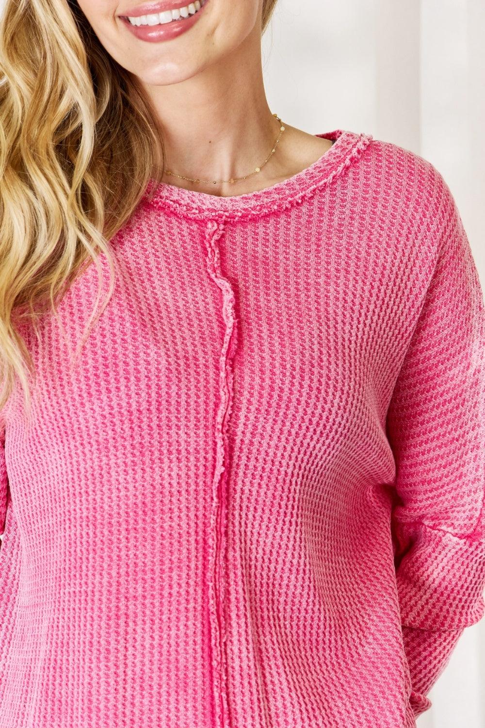 Zenana Oversized Washed Waffle Long Sleeve Top Carauana Store