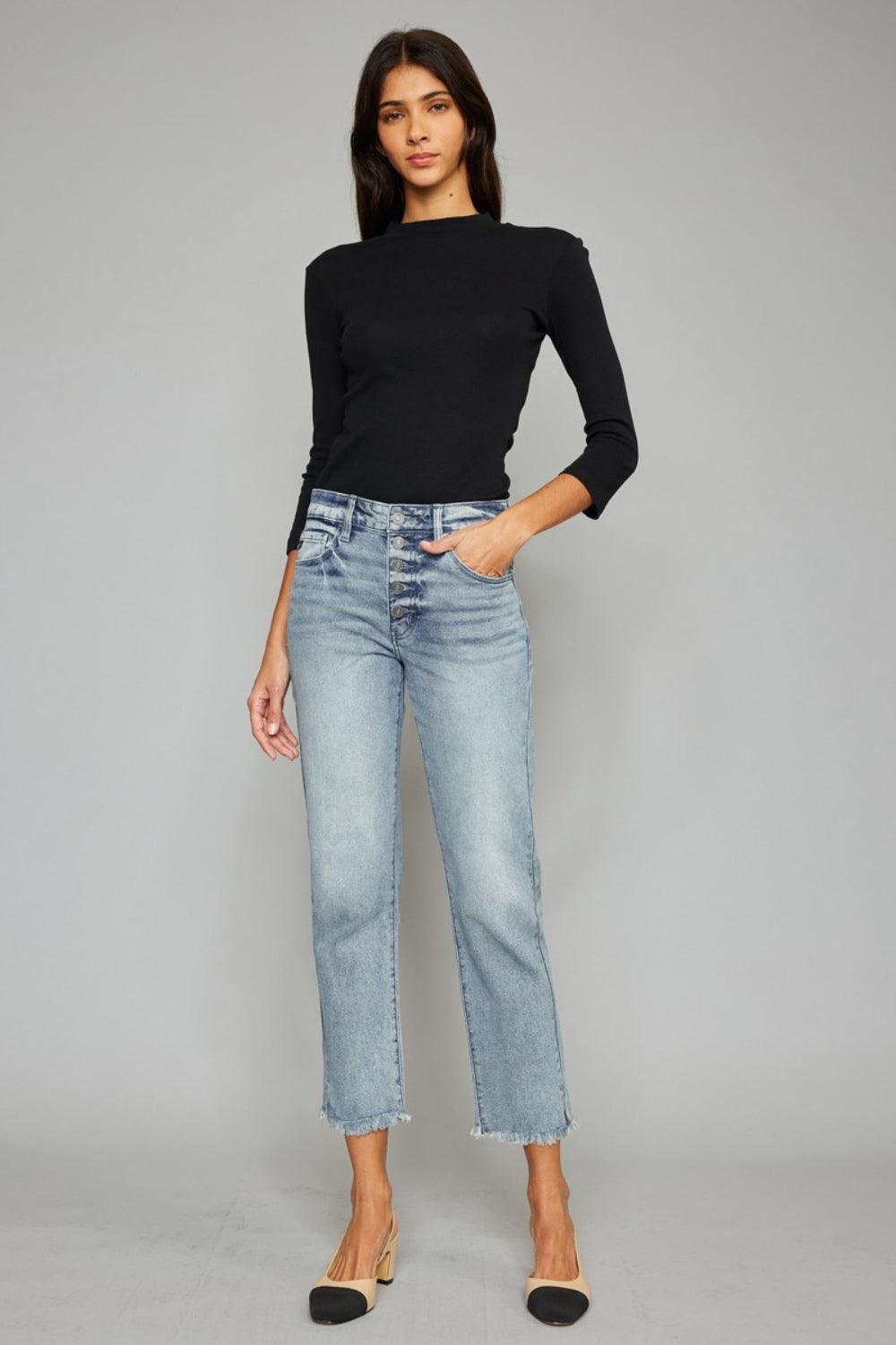 Kancan High Waist Button Fly Raw Hem Cropped Straight Jeans Carauana Store