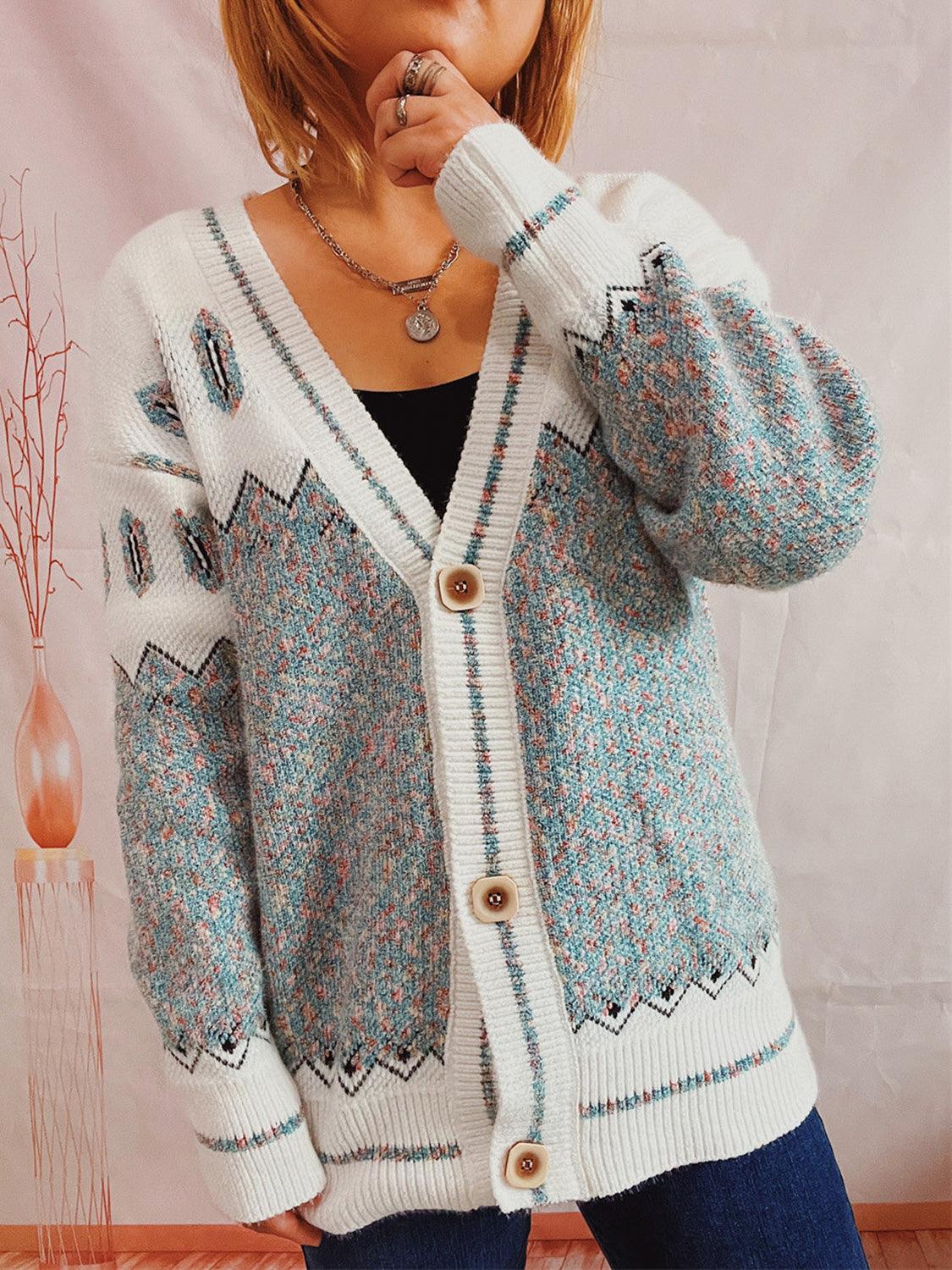 Geometric Button Front Long Sleeve Cardigan Carauana Store