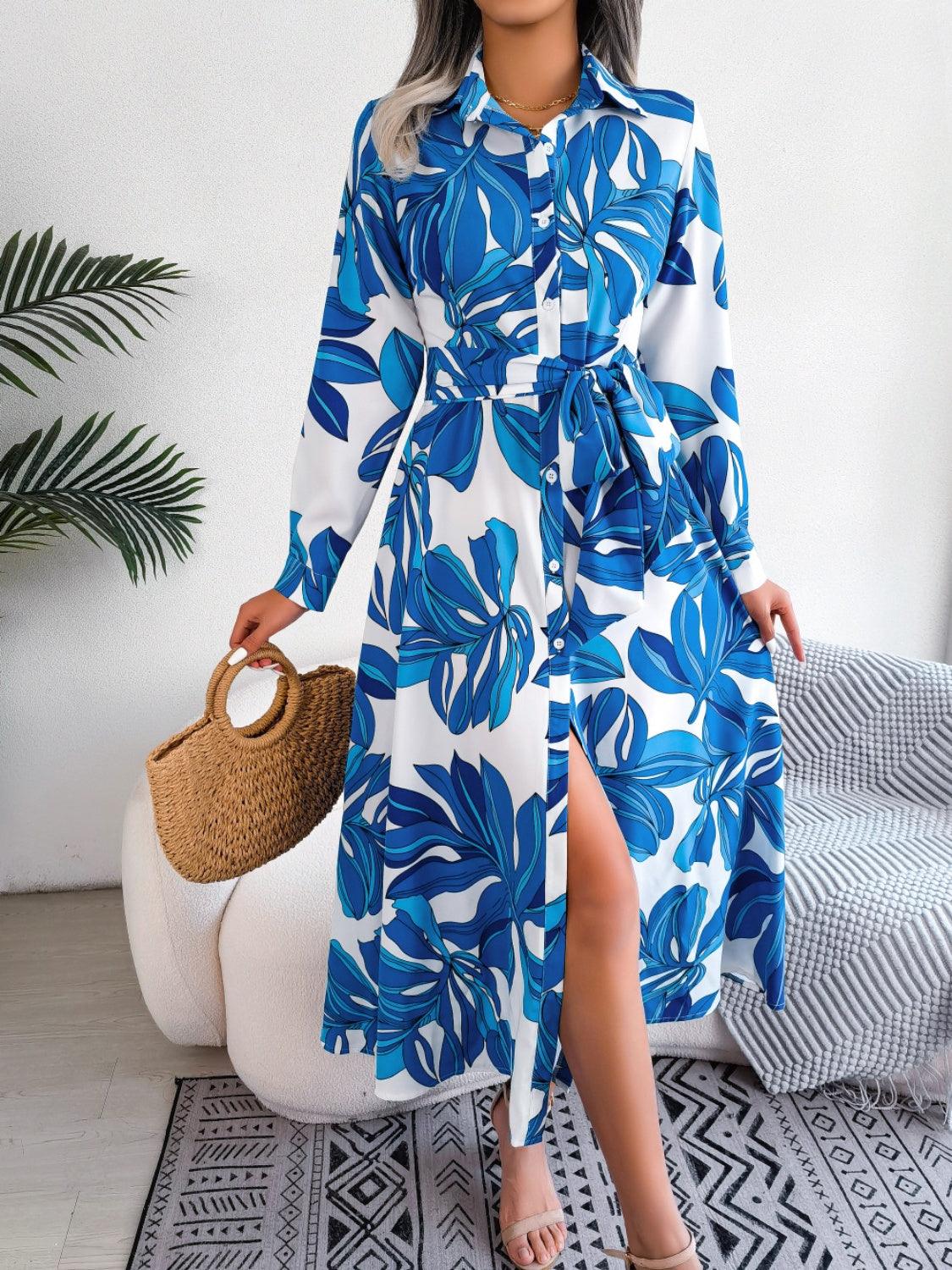 Tied Button Up Long Sleeve Dress Carauana Store