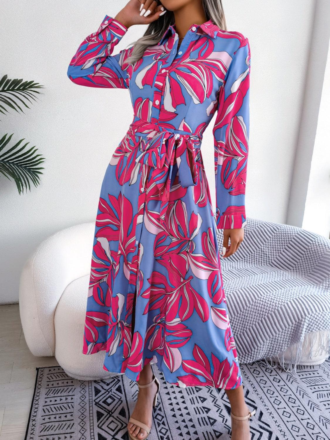 Tied Button Up Long Sleeve Dress Carauana Store