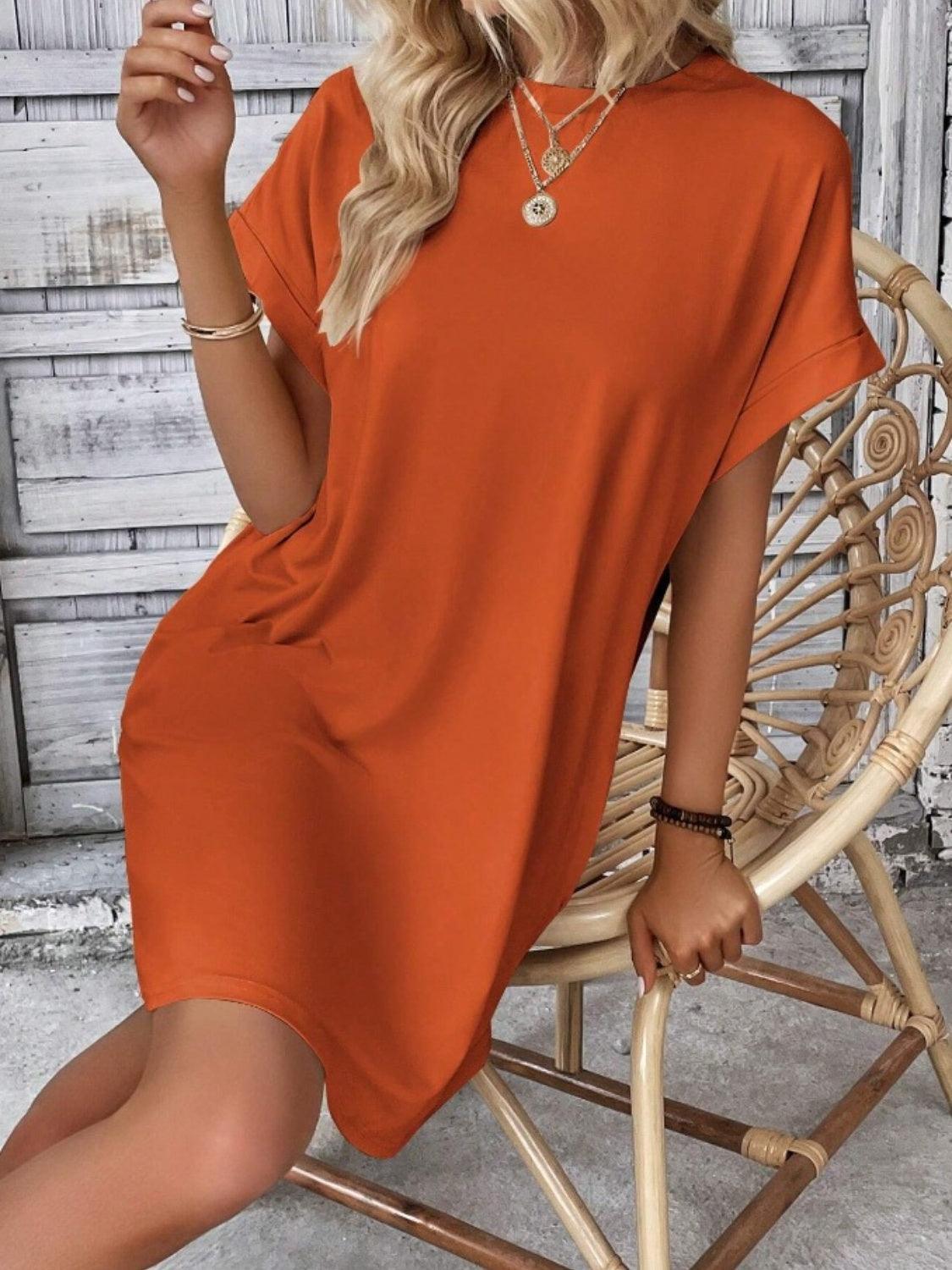 Pocketed Round Neck Short Sleeve Dress Carauana Store