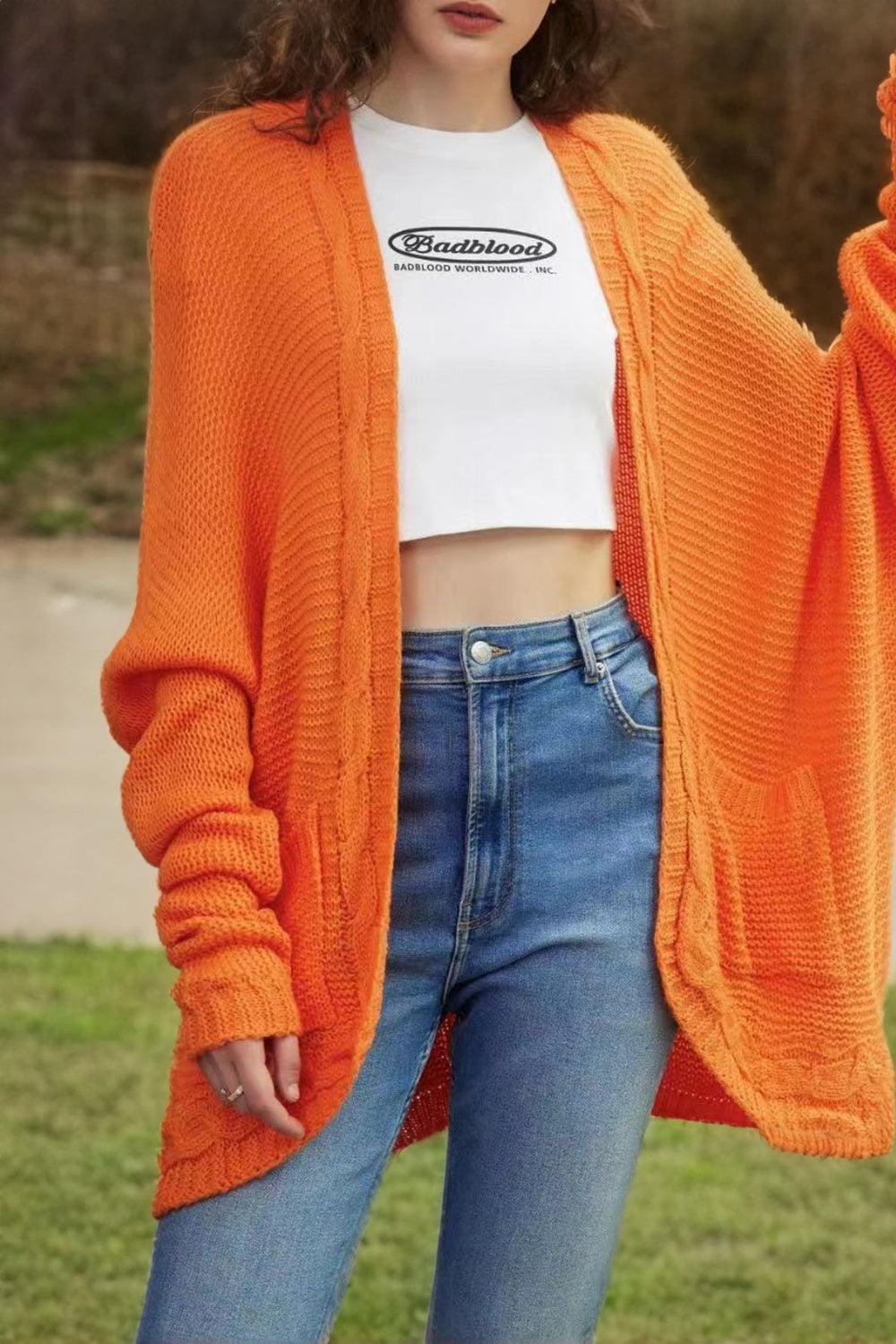 Cable-Knit Open Front Cardigan with Pockets Carauana Store