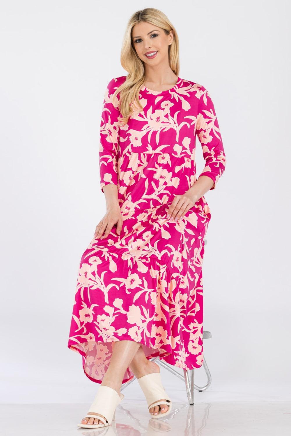Celeste Full Size Floral Round Neck Ruffle Hem Dress Carauana Store