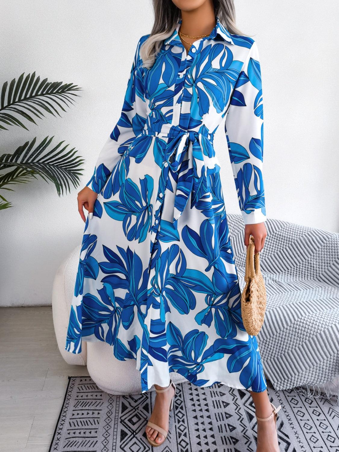 Tied Button Up Long Sleeve Dress Carauana Store