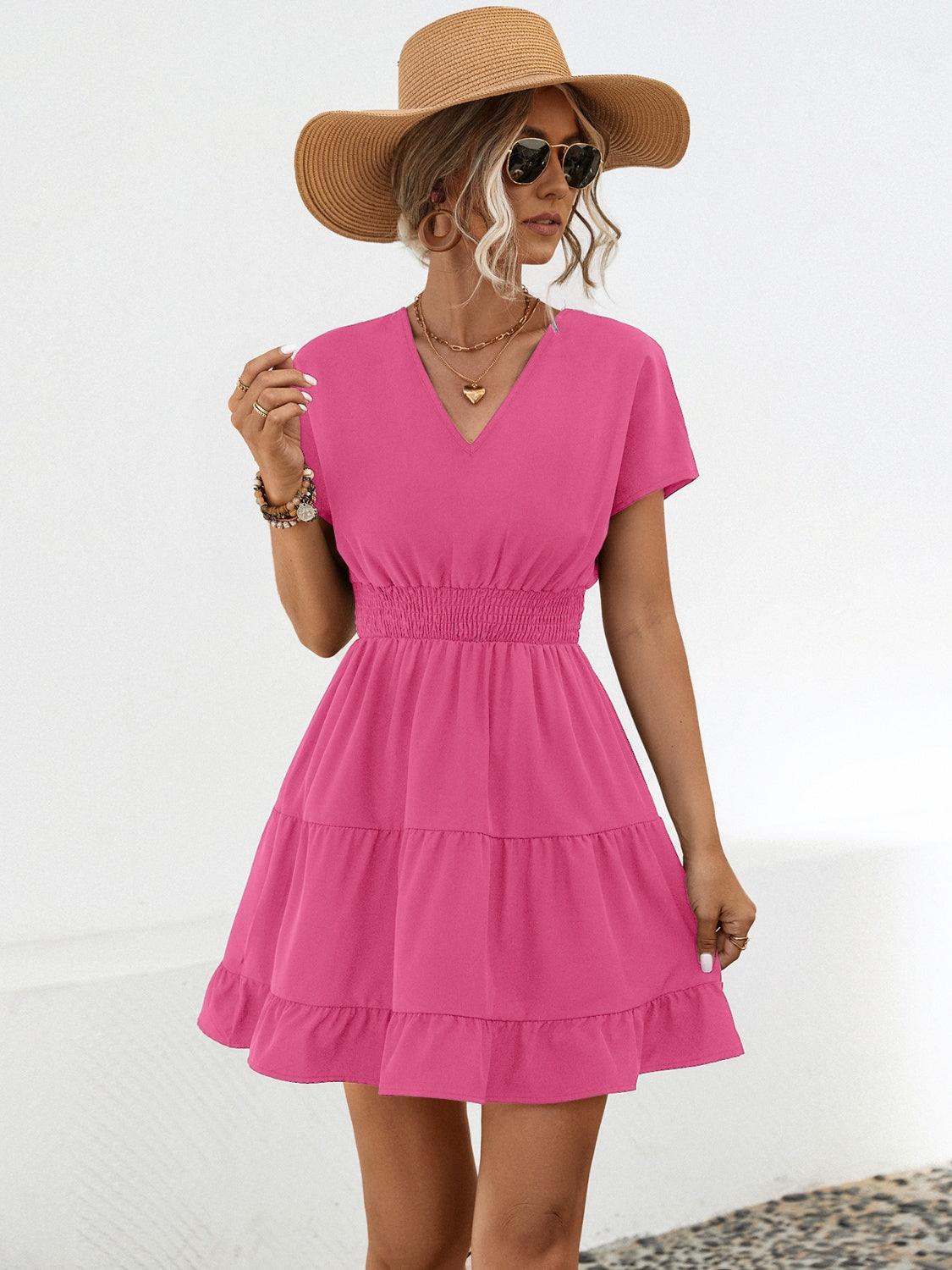 Ruffled Smocked V-Neck Tiered Dress Carauana Store